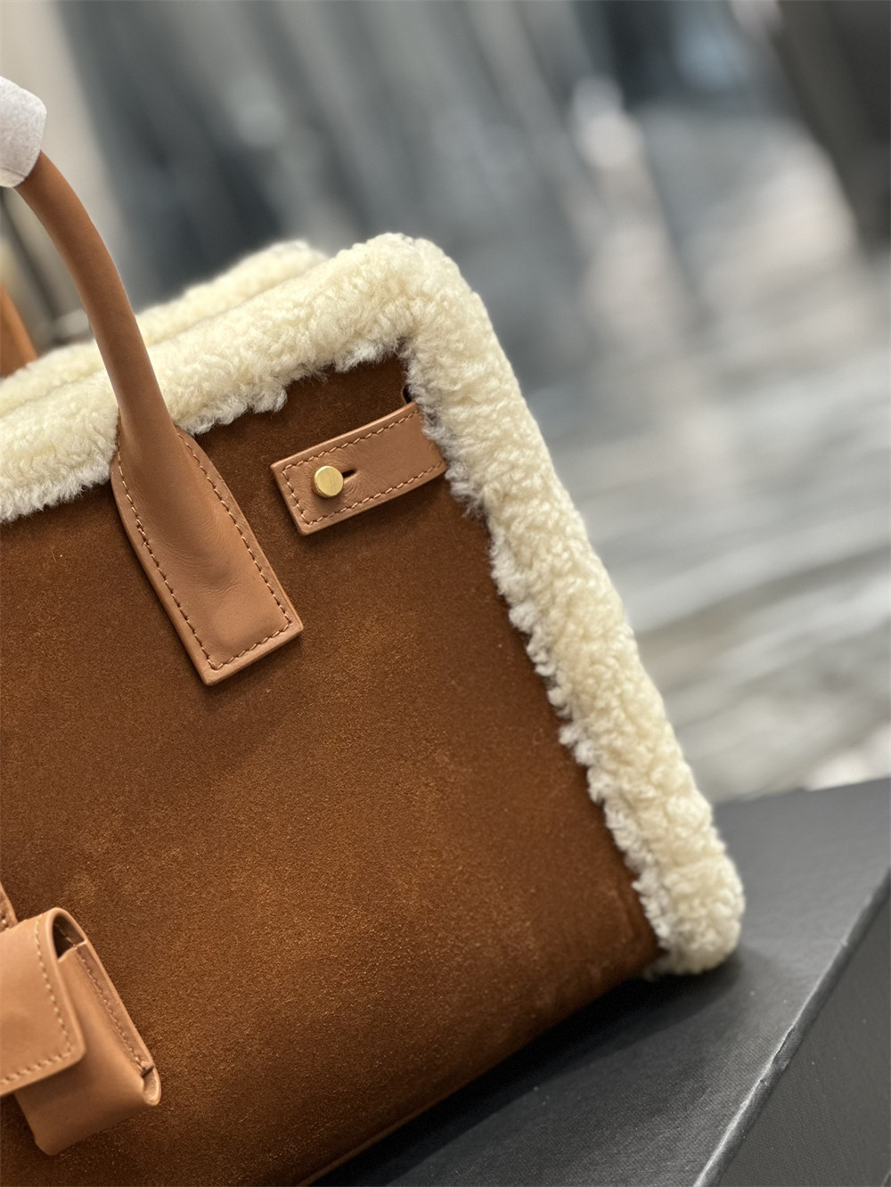 y*l sac de jour S*pple nano in suede and shearling dark cigar and natural beige