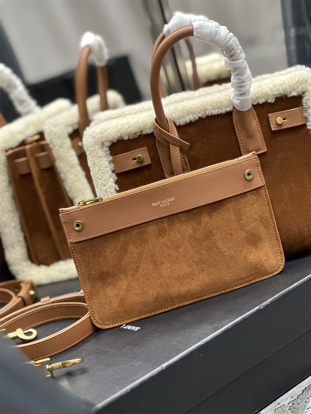 y*l sac de jour S*pple nano in suede and shearling dark cigar and natural beige