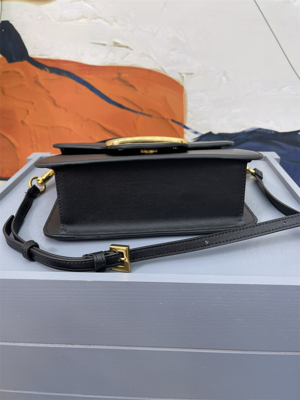 VALENTINO GARAVANI LOCÒ CALFSKIN SHOULDER SMALL BAG BLACK 22 x 16  x 7 cm