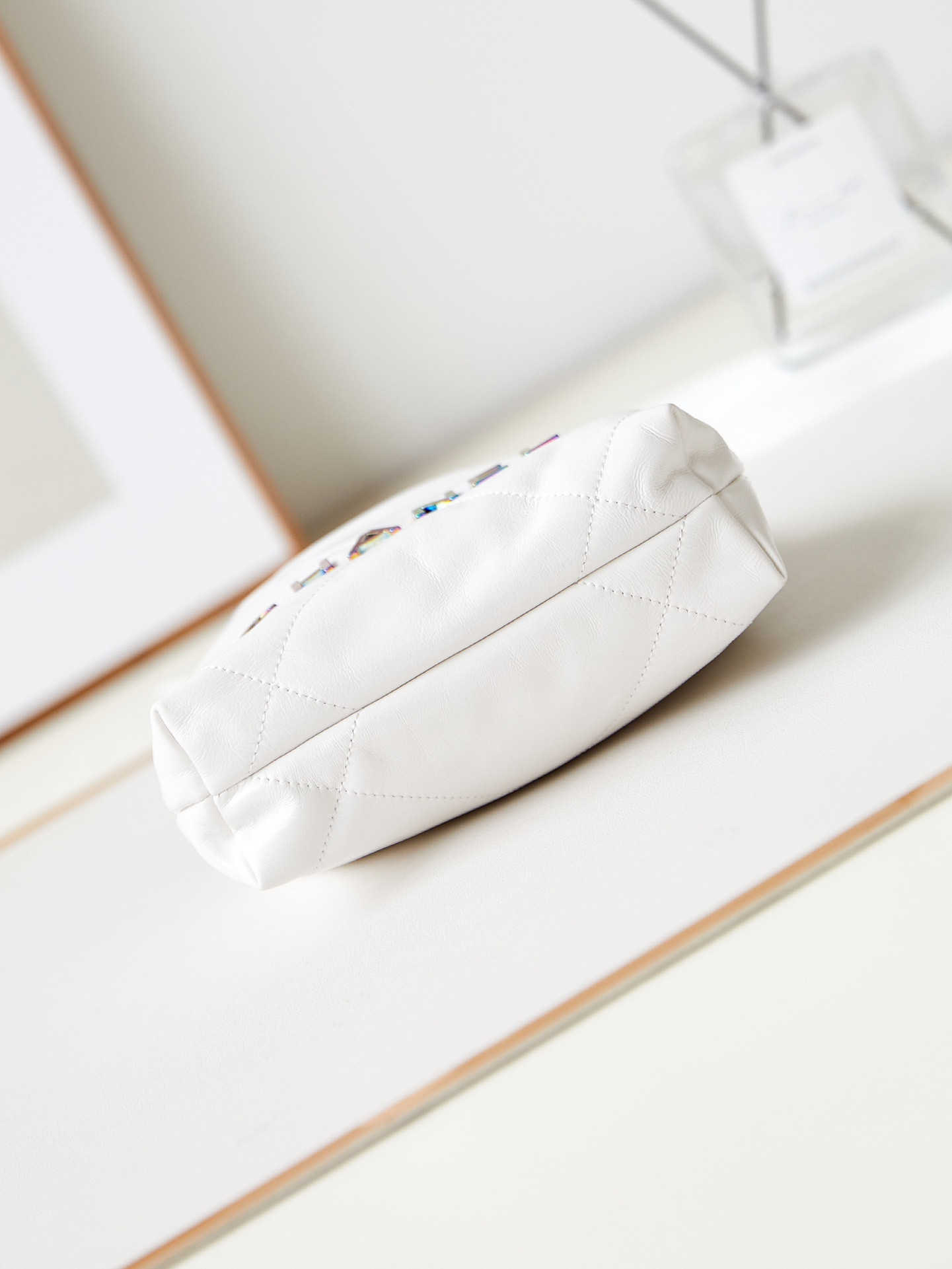 Ch*el 22 mini handbag shiny calfskin & rainbow metal white 7.8 × 7.4 × 2.3 in