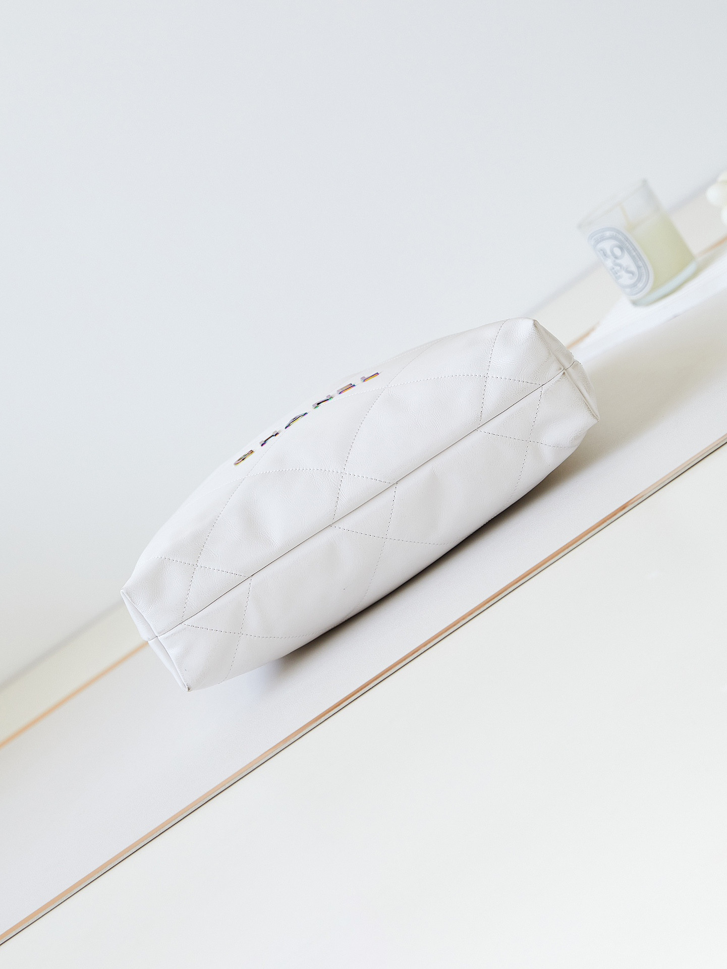 Ch*el 22 small handbag shiny calfskin & rainbow metal white 13.7×14.4×2.7 in