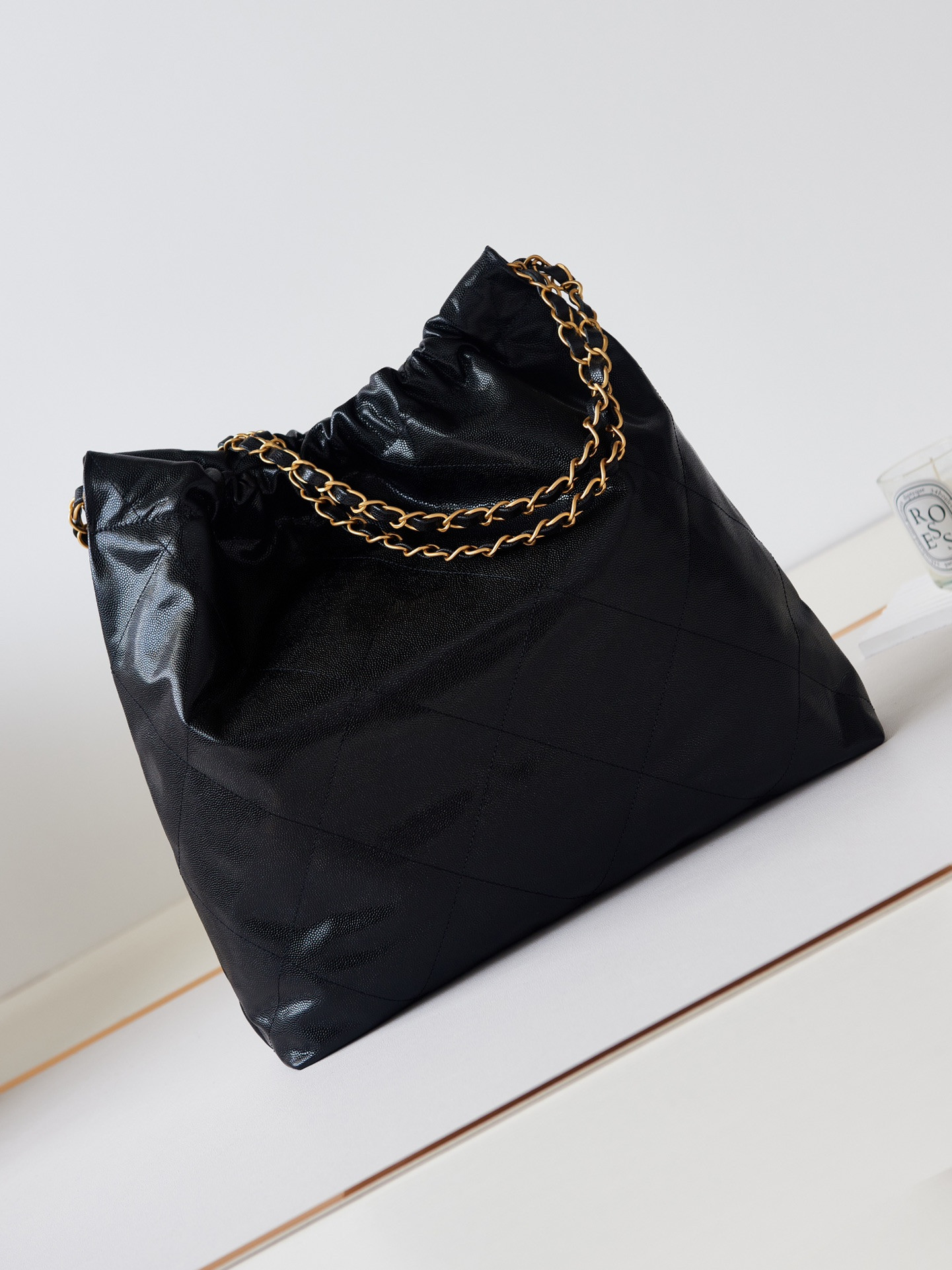 Ch*el 22 handbag shiny calfskin black 15.2×16.4×3.1 in