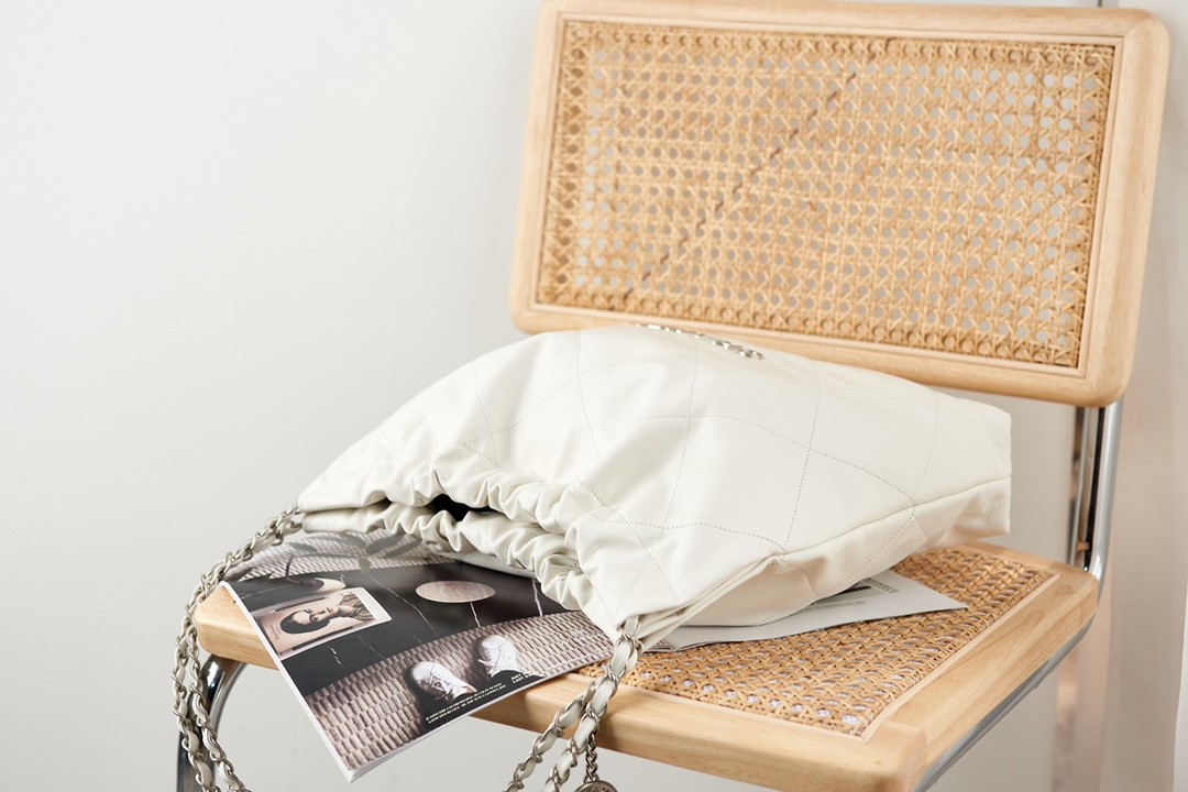 Ch*el 22 handbag metallic shaded calfskin & silver-tone metal white 15.2×16.4×3.1 in