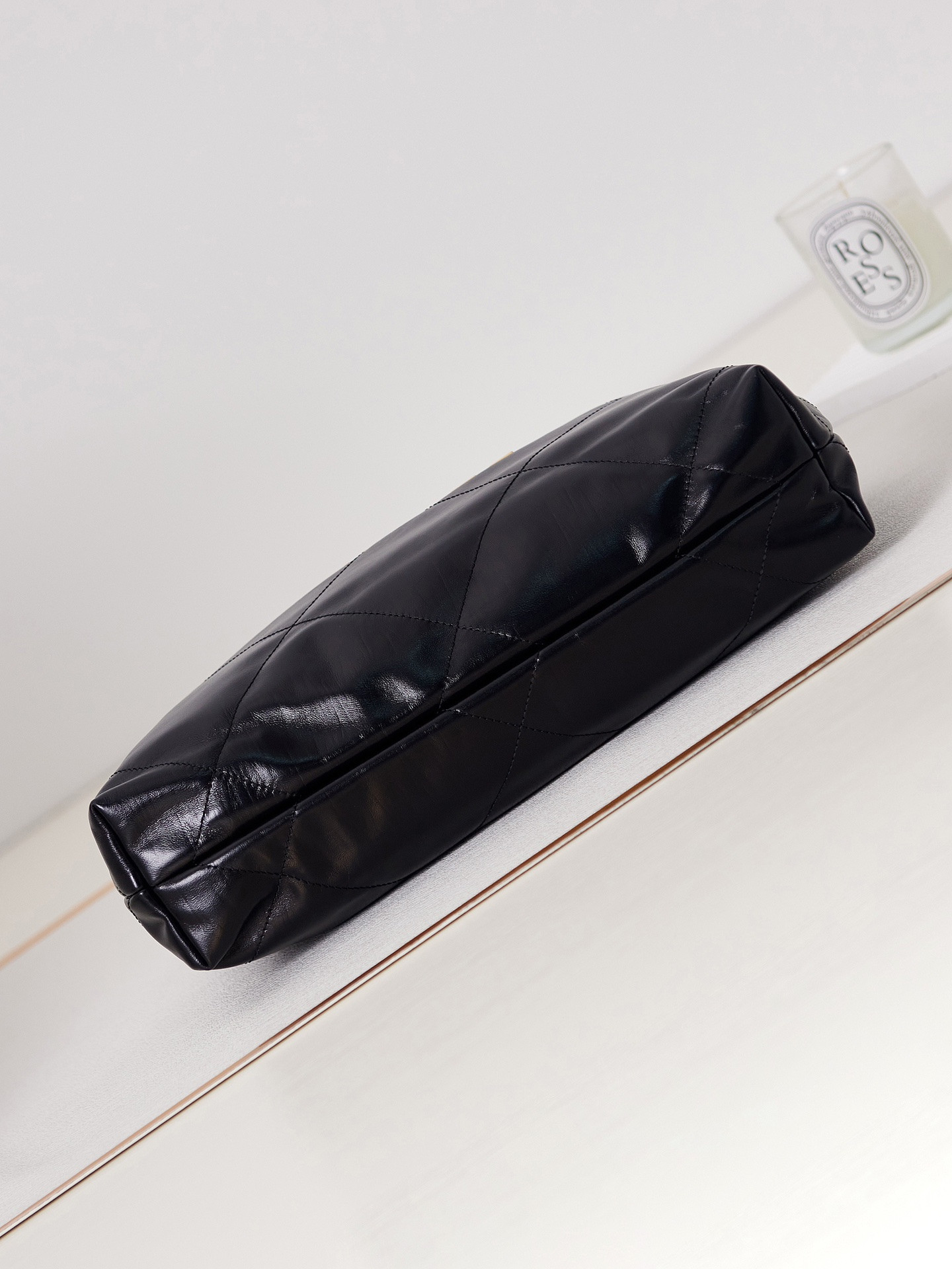 Ch*el 22 small handbag shiny calfskin & gold metal black 13.7×14.4×2.7 in