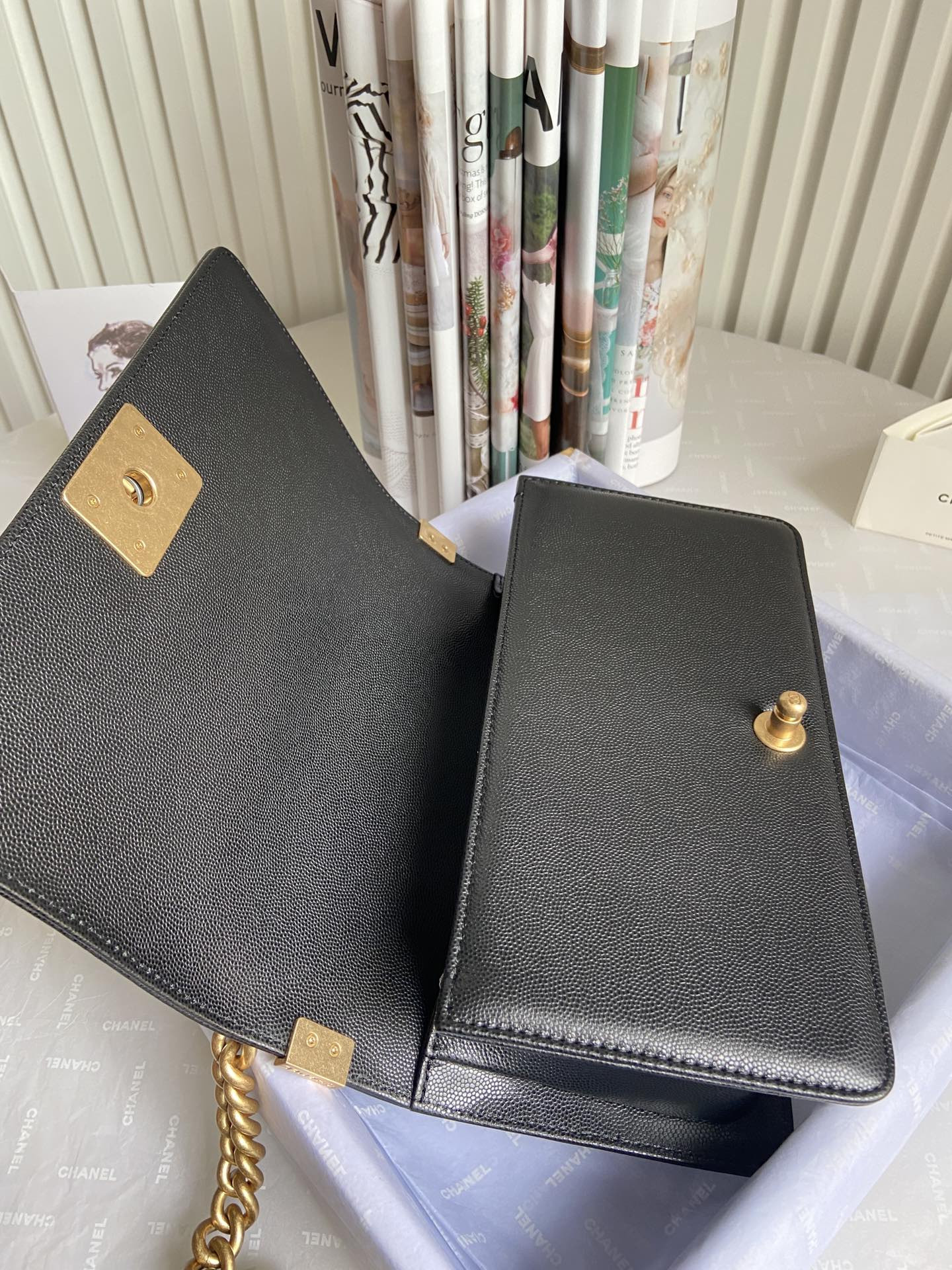 boy Ch*el handbag shiny grained calfskin 5.9 × 9.8 × 3.5 in