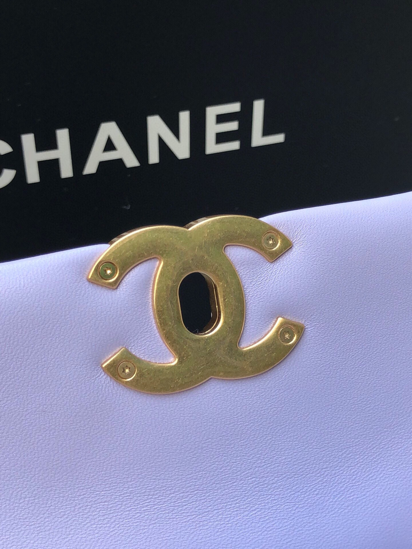 Ch*el 19 large handbag shiny leather, gold-tone, silver-tone & ruthenium-finish metal purple 7.8 × 11.7 × 3.9 in