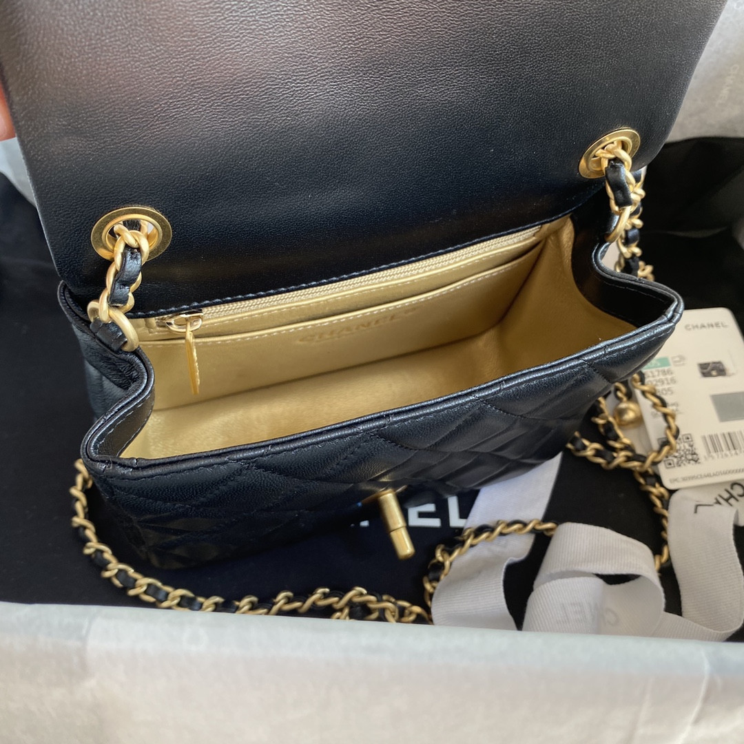 Ch*el mini flap bag shiny calfskin & gold-tone metal black 5.3 × 6.6 × 3.1 in