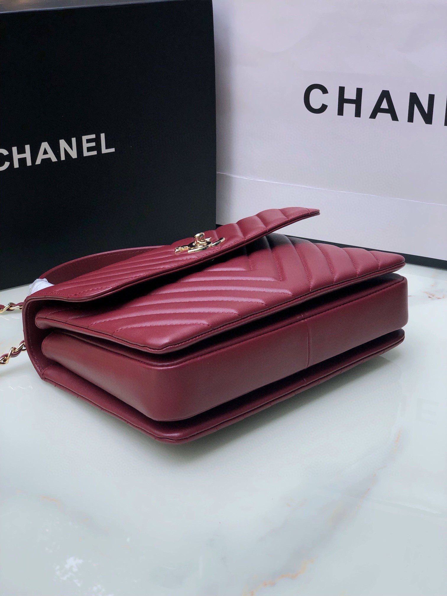Ch*el flap bag with top handle red 6.6 × 9.8 × 4.7 in