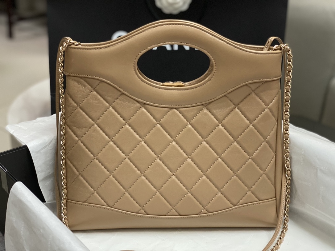 Ch*el shopping bag shiny lambskin & gold-tone metal 11.7 × 11.3 × 3.5 in