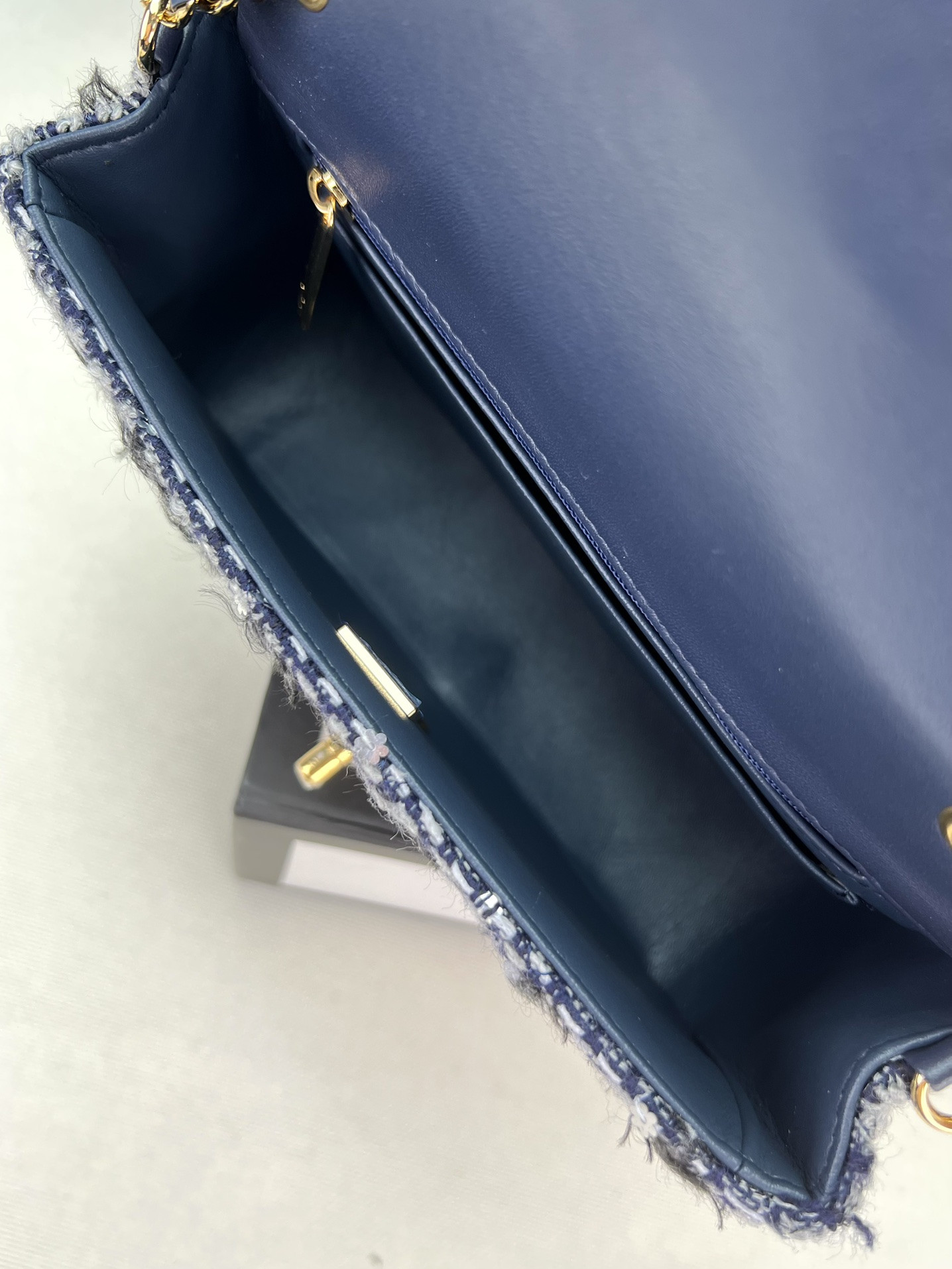 Ch*el mini classic 11.12 handbag tweed & gold-tone metal 4.7 × 7.8 × 2.3 in