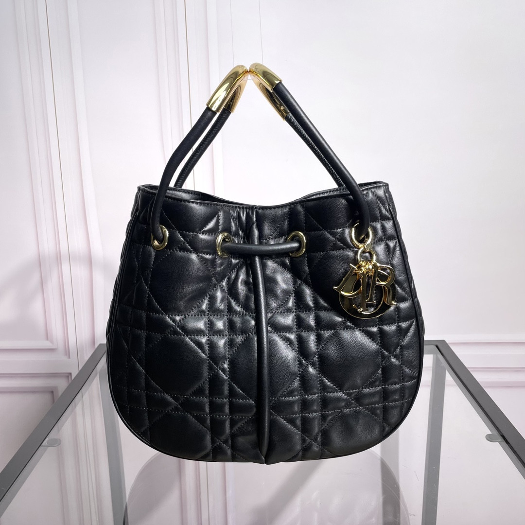 medium D*or nolita bag black macrocannage lambskin 10.5 x 10 x 2 inches