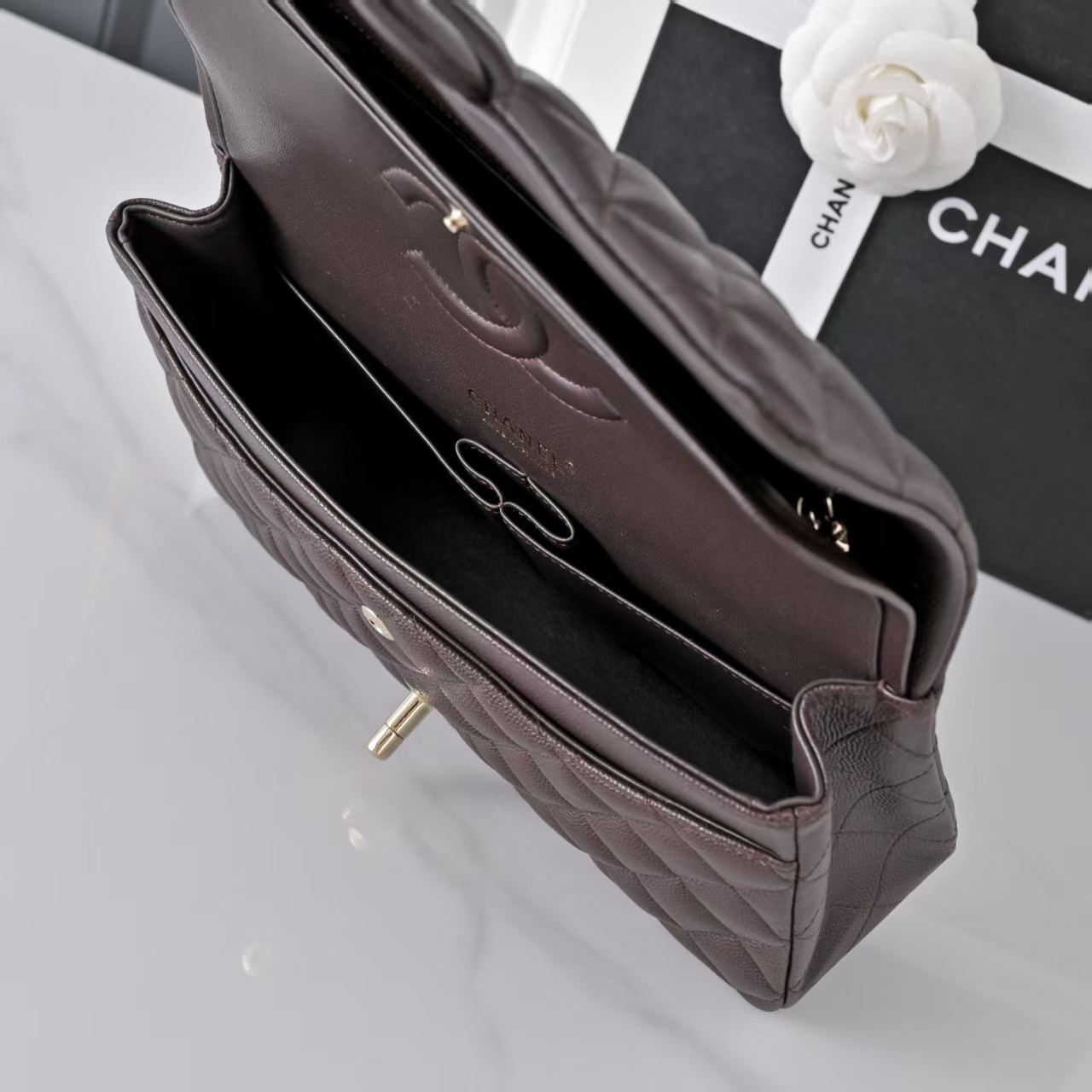 Chanel Classic Flap Coffee Brown Light Gold Hardware a01112 15.5×25.5×6.5cm