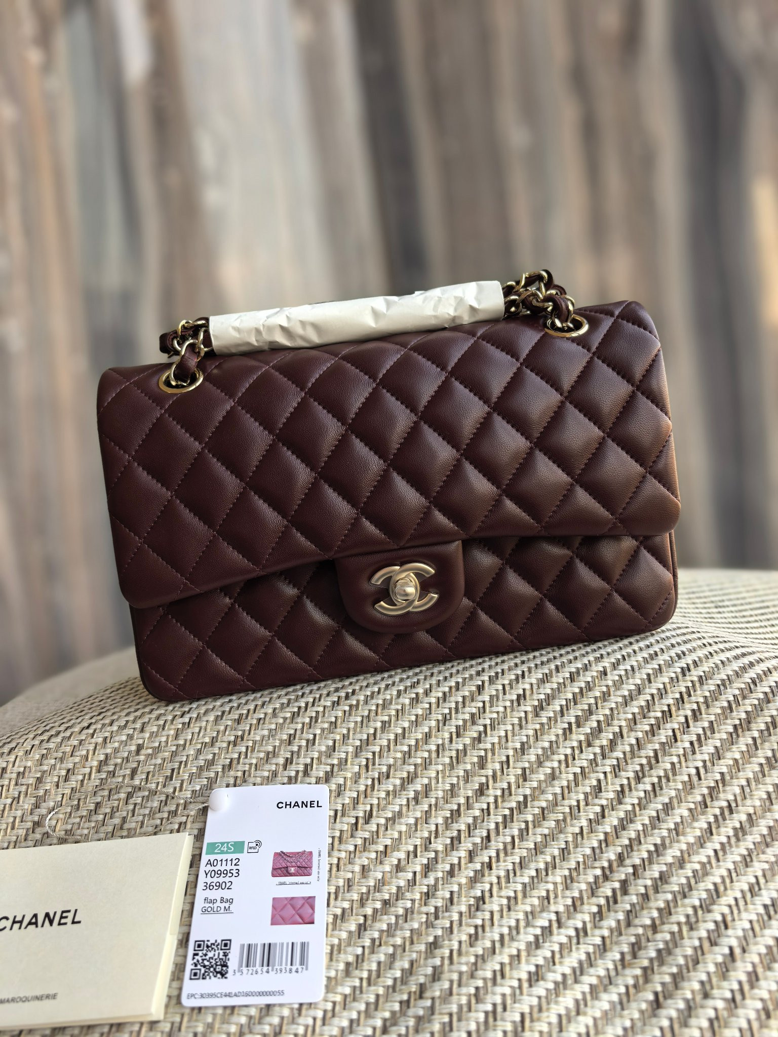 Chanel Classic Flap Bag Chocolate brown with light gold hardware 15.5x25.5x6.5cm