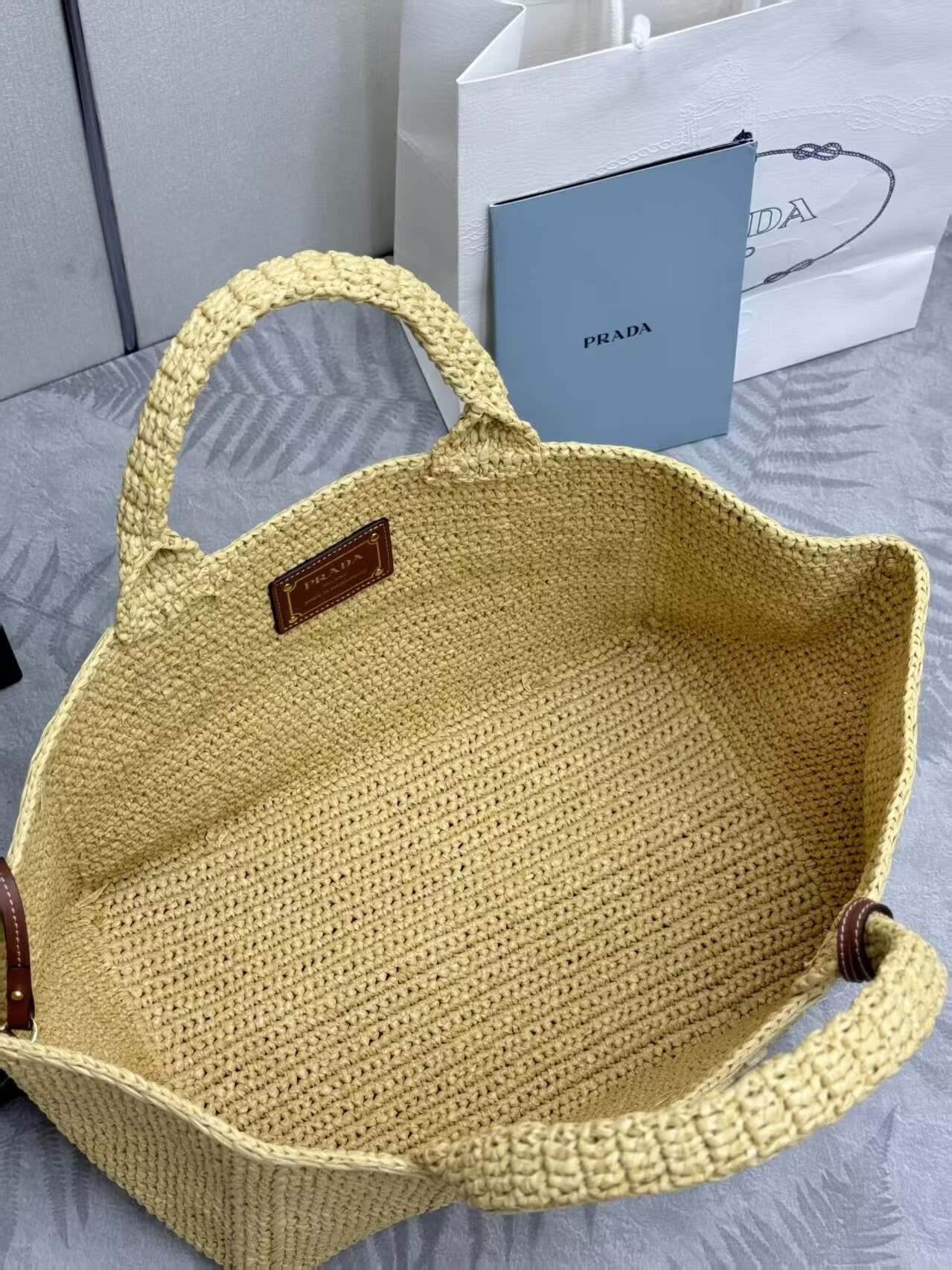 Prada Large crochet tote bag with leather details Without Box 23.5x35x22cm