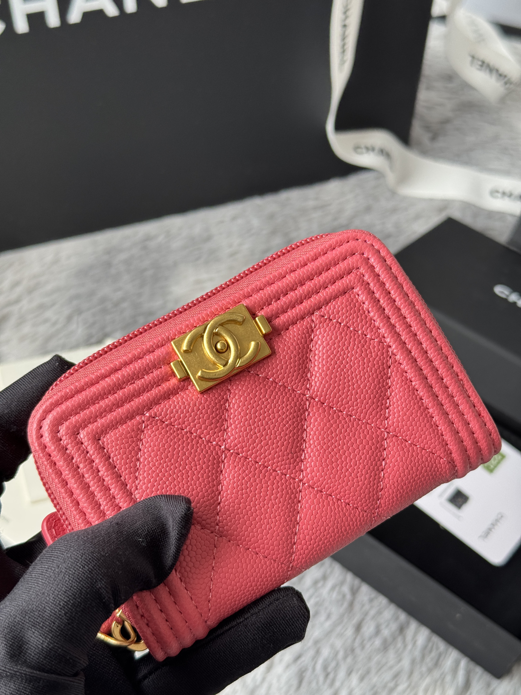 Chanel Boy Zip Around Coin Purse Wallet A80602 7.5x11cm